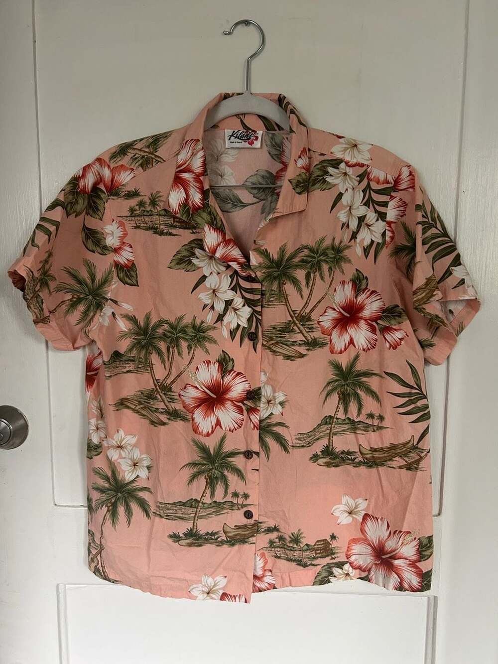 Kilani Made in Hawaii Pink Hibiscus Tropical Print Short Sleeve Aloha Shirt